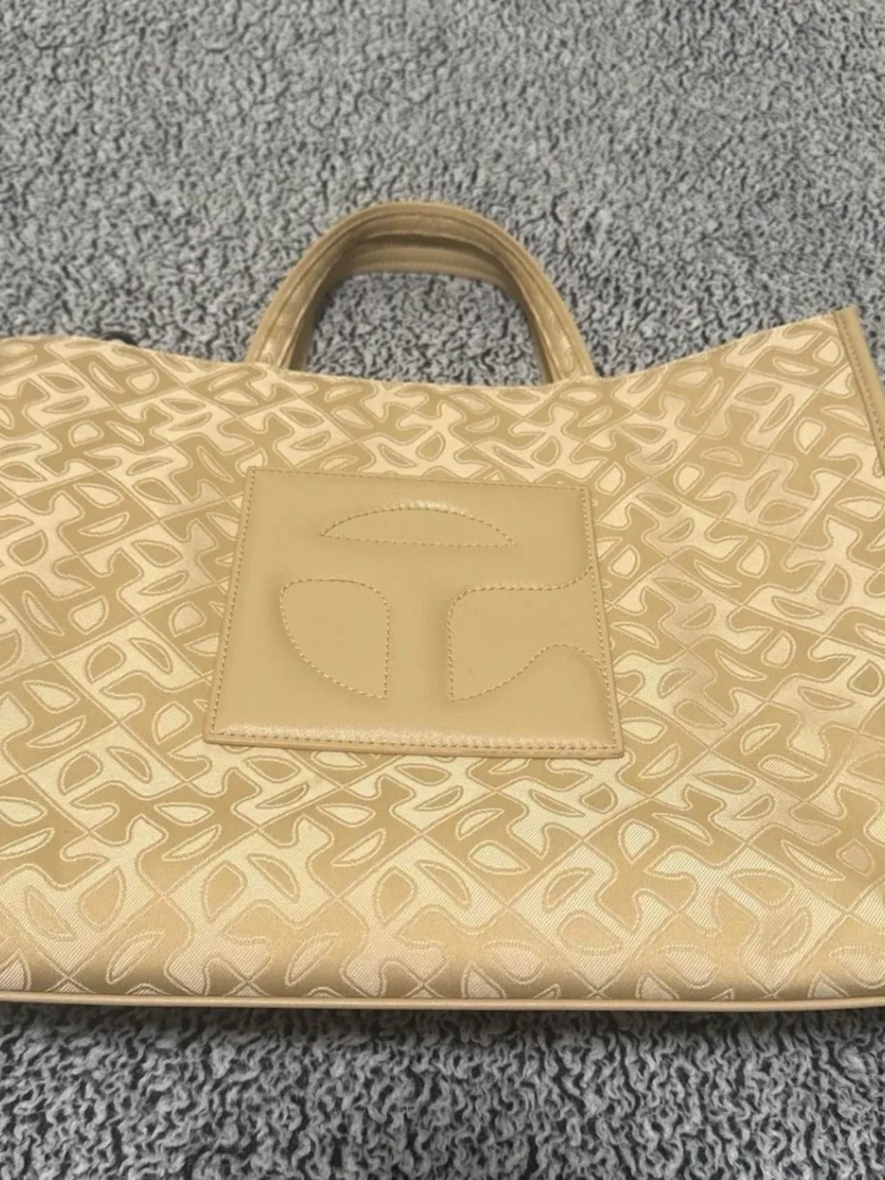 Telfar Beige Monogram Tote with Top Handles and Shoulder Strap